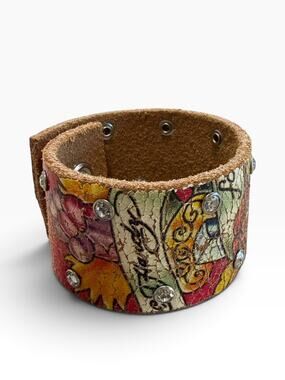 Vtg Ed Hardy by Christian Audigier Studded Leather Cuff Bracelet Rose Tattoo Art
